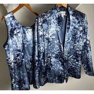 Vintage DaRue of California Satin Floral Blouse and Jacket Set Blue Floral Sz 14